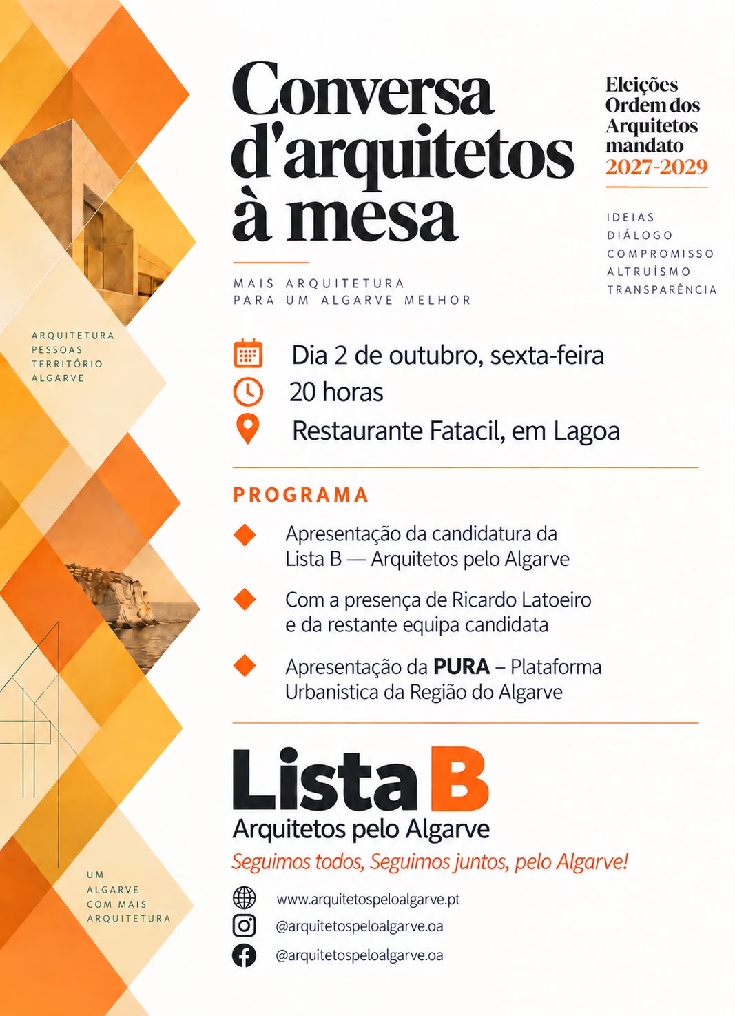 Convite para o jantar Conversa d’arquitetos à mesa, 2 de outubro, às 20 horas, em Lagoa