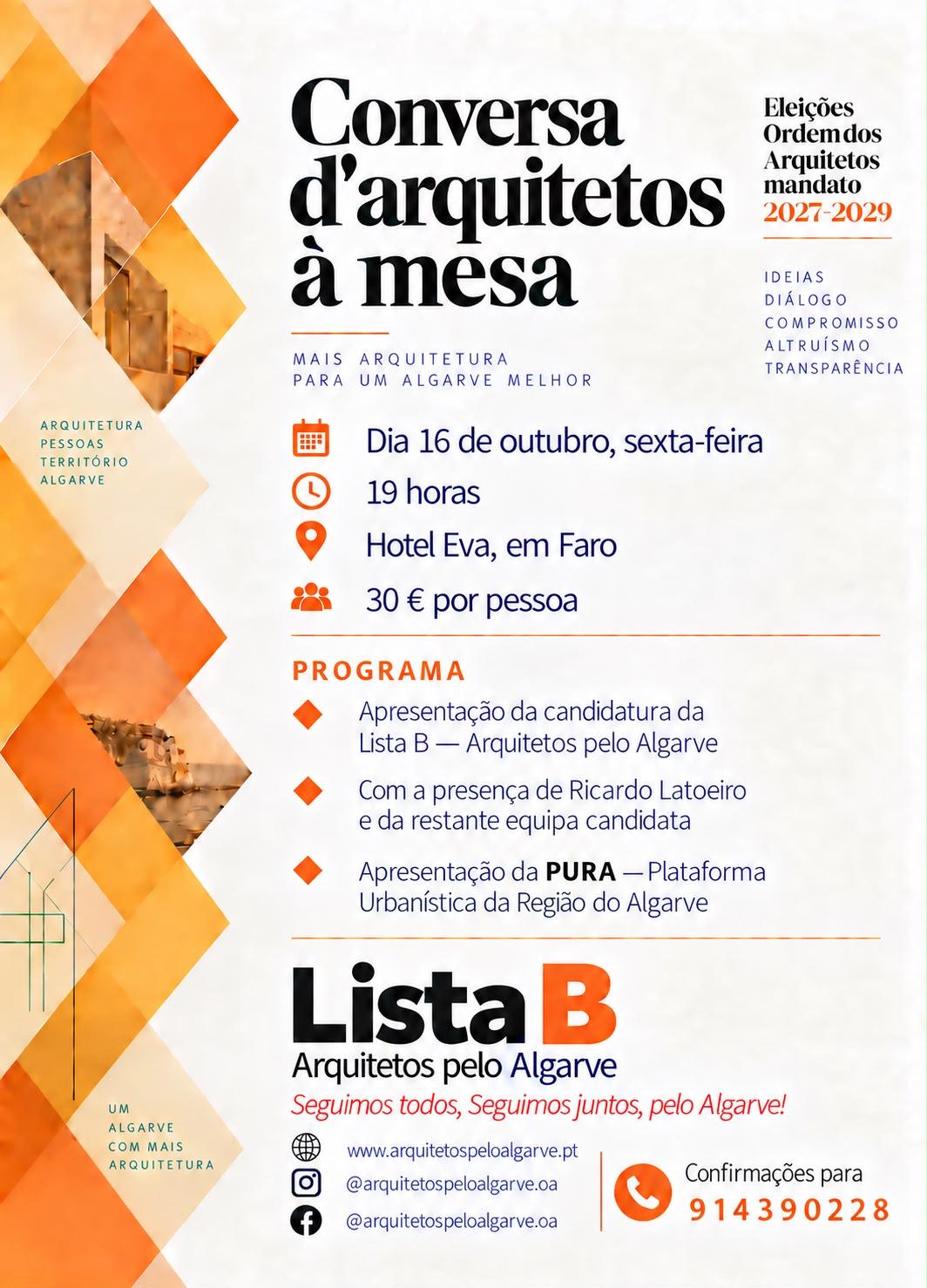 Convite para o jantar Conversa d’arquitetos à mesa, 16 de outubro, às 19 horas, no Hotel Eva, Faro