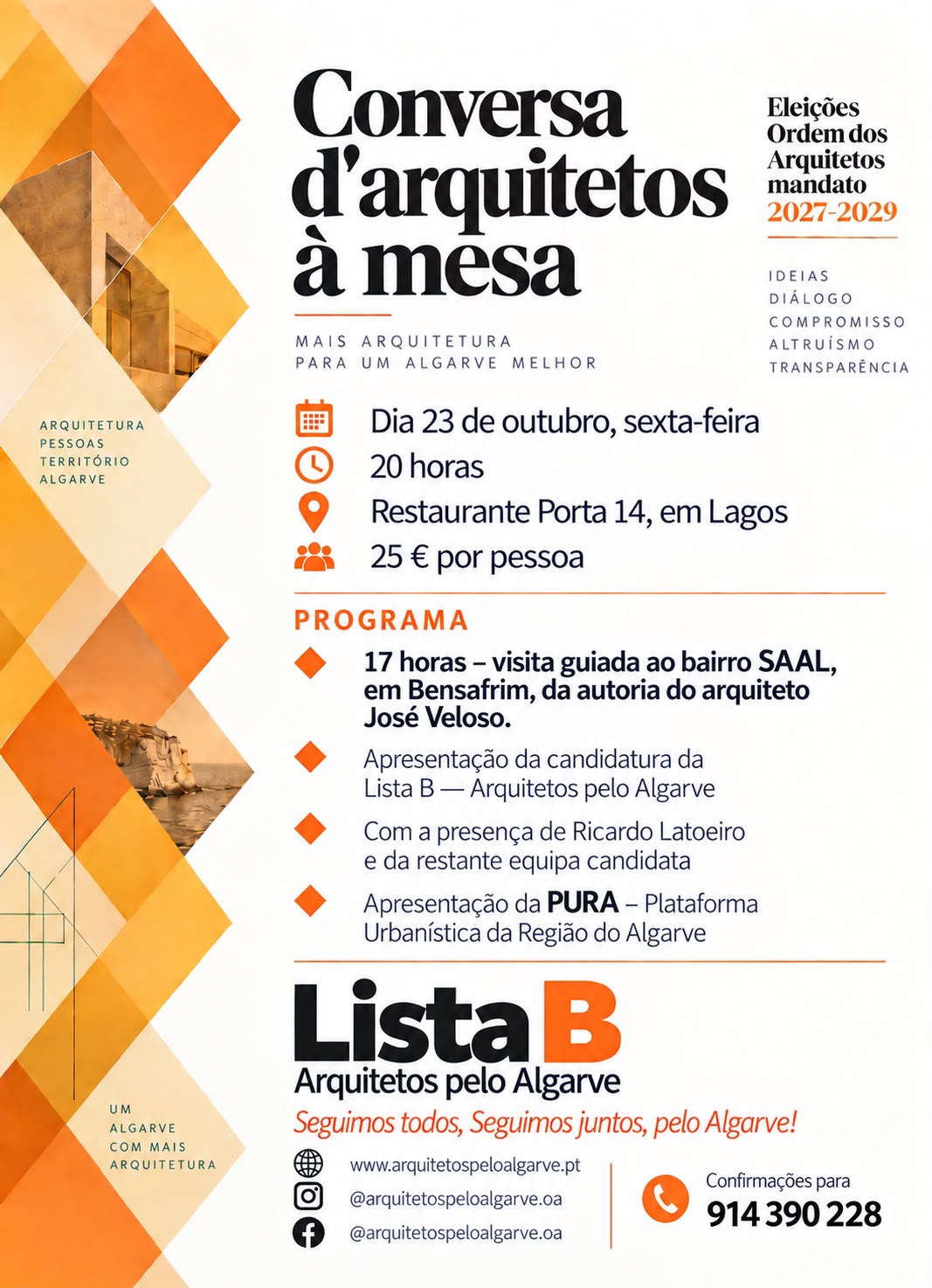 Convite do jantar Conversa d’arquitetos à mesa, 23 de outubro, em Lagos
